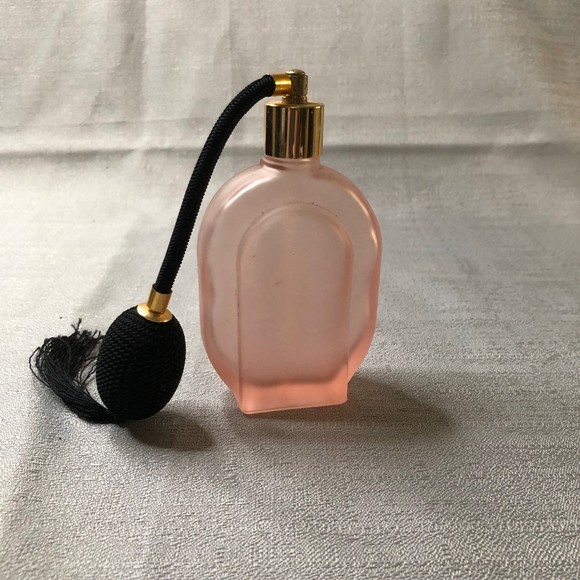 Vintage Pink Frosted Glass Purfume Bottle, Victorian Vanity, Barbie access, 5” - Picture 2 of 5